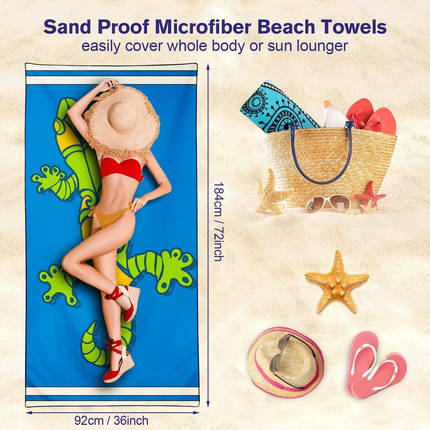 Violetpos Blue Gecko Beach Towel, Extra Large 180x90 cm 250GSM Microfibre, Sand Free Quick Dry