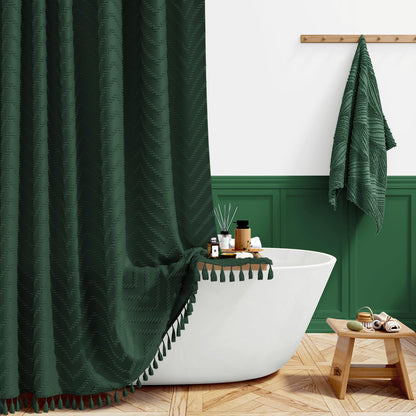 BTTN Long Boho Tufted Chevron Shower Curtain, 183x201, Emerald Green