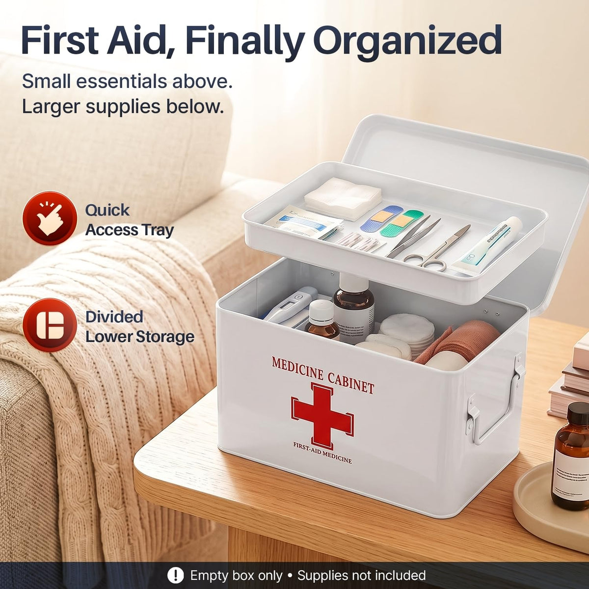 Flexzion First Aid Box Organizer - 13" White Vintage Metal Medical Kit Tin With Dividers, Removable Tray and Red Cross Logo - Empty Storage Container