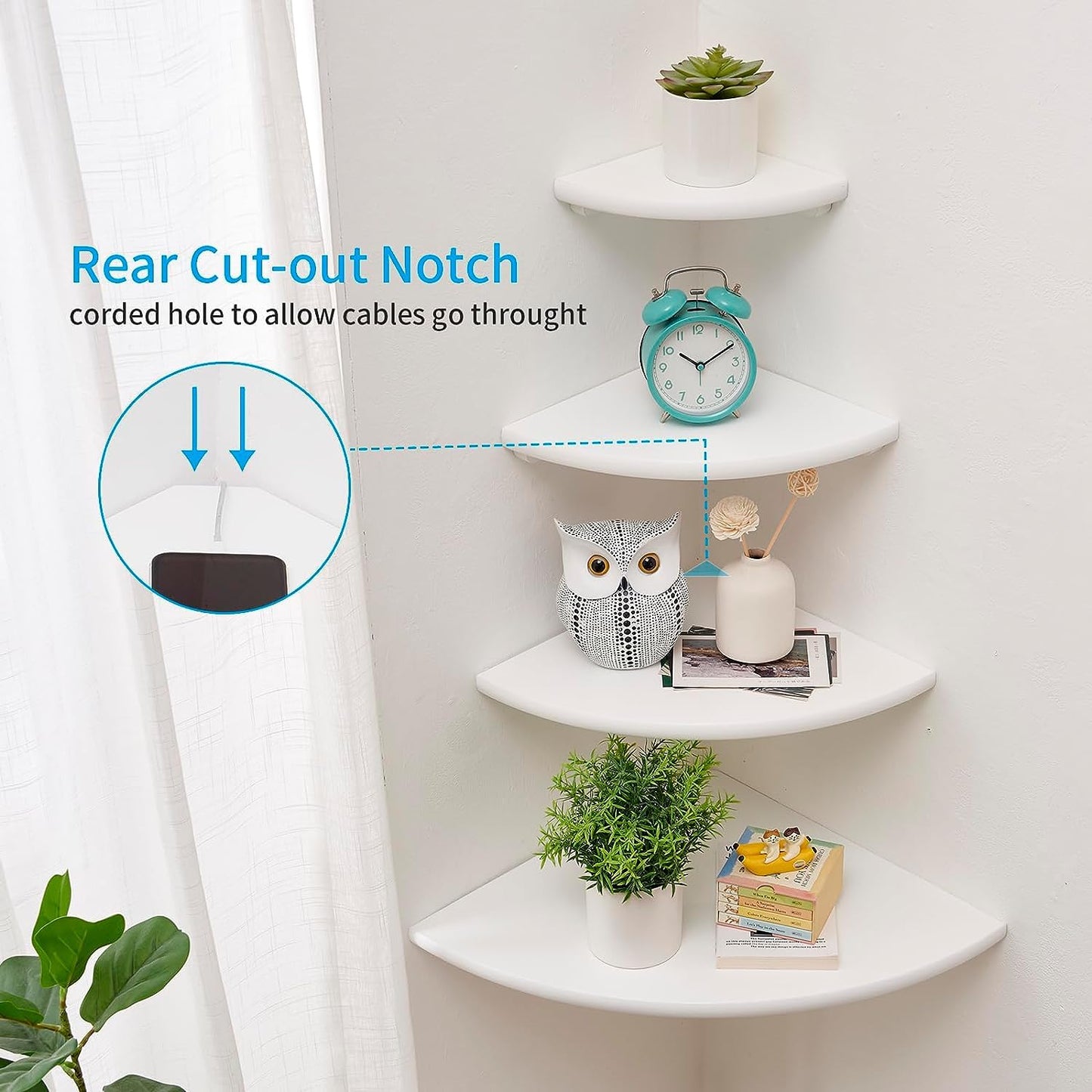 GIEANOO White Corner Shelf Wall Mount, Solid Oak Wood Set of 2 Floating Corner Shelf Round End Floating Speaker Shelf With Wire Hole Shelf for Small