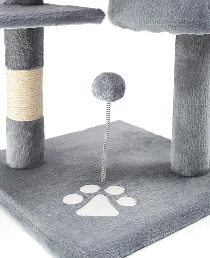 lionto Scratching tree for cats with 2 plush balls & play rope, height 112 cm, cat tree with sisal rope & plush, cozy lying area & cave, incl. wall