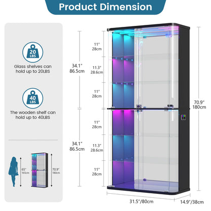 FREDEES Display Cabinet with Glass Doors and RGB Light, 6-Tier, Black