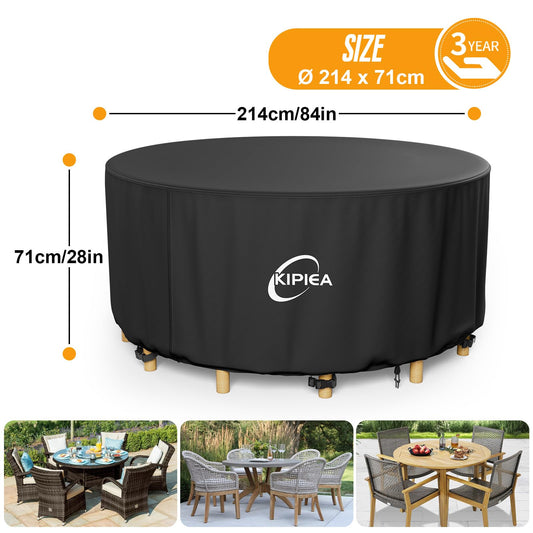 Kipiea Garden Furniture Covers Waterproof Round, Garden Table Covers with 4 Windproof Buckles, Heavy Duty 420D Oxford Fabric Outdoor Table Cover