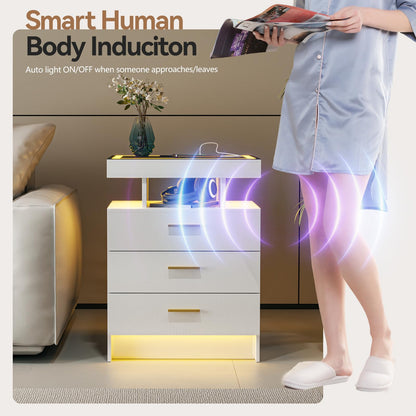 Gurexl LED Bedside Table with Glass Top and 3 IN 1 Charging Station,White
