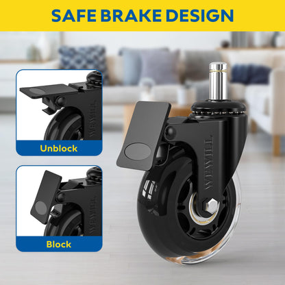 WEWILL Office Chair Castors with Lock, 5 Pieces Office Chair Replacement Castors for Carpet and Parquet