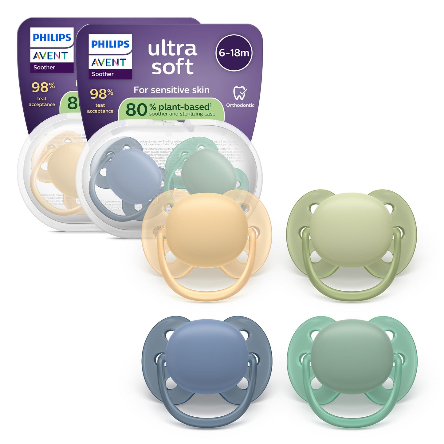 Philips Avent Ultra Soft Soothers - Orthodontic Design, for Babies 6-18 Months, Flexible Shield, Silicone Symmetrical Teat, BPA-Free, 2 Sterilizing