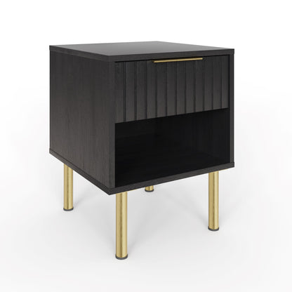 GFW Nervata Lamp Table, Black Side Table with Drawer Storage, Art Deco Style End Table with Gold Accents and Wood Grain Texture for Living Room and