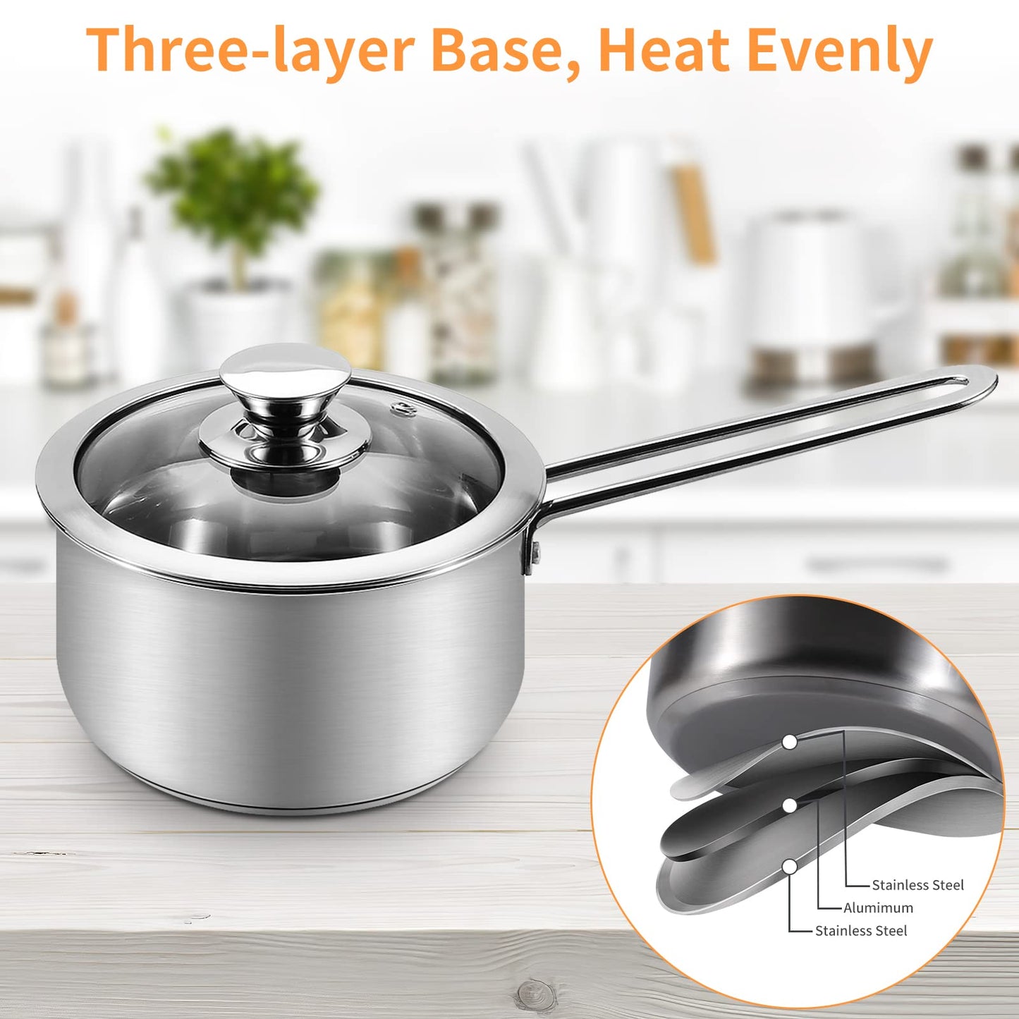 Saucepan Set 6 Pieces, Stainless Steel Pot and Pan Set, Saucepan with Glass Lids Cookware, Cookware Set Compatible with Induction, Gas and Electric