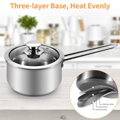 Saucepan Set 6 Pieces, Stainless Steel Pot and Pan Set, Saucepan with Glass Lids Cookware, Cookware Set Compatible with Induction, Gas and Electric