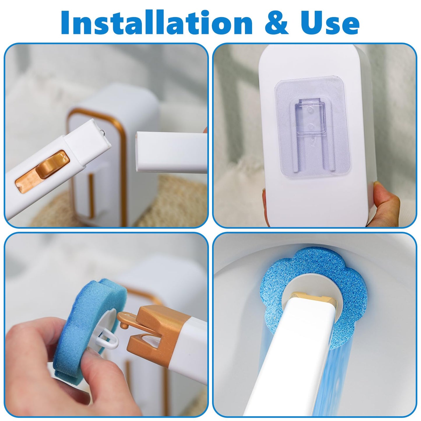 Disposable Toilet Brush with 48 Cleaner Refills, Toilet Brush Disposable with Wall Mounted Holder and Extended Handle for Showers and Bathroom