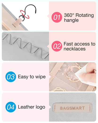 bagsmart Dual-sided Jewellry Organizer Hanging with Metal Hooks,40 Pockets and 3 Wave-Shaped Hooks,Jewelry Roll for Earrings,Necklaces,Rings on