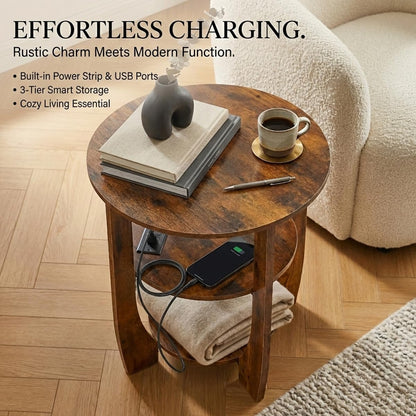 ZEXVIDA Round Side Table with Charging Station, 3 Tier End Table with USB Ports & Outlets, Nightstand for Bedroom,Living Room,Small Spaces