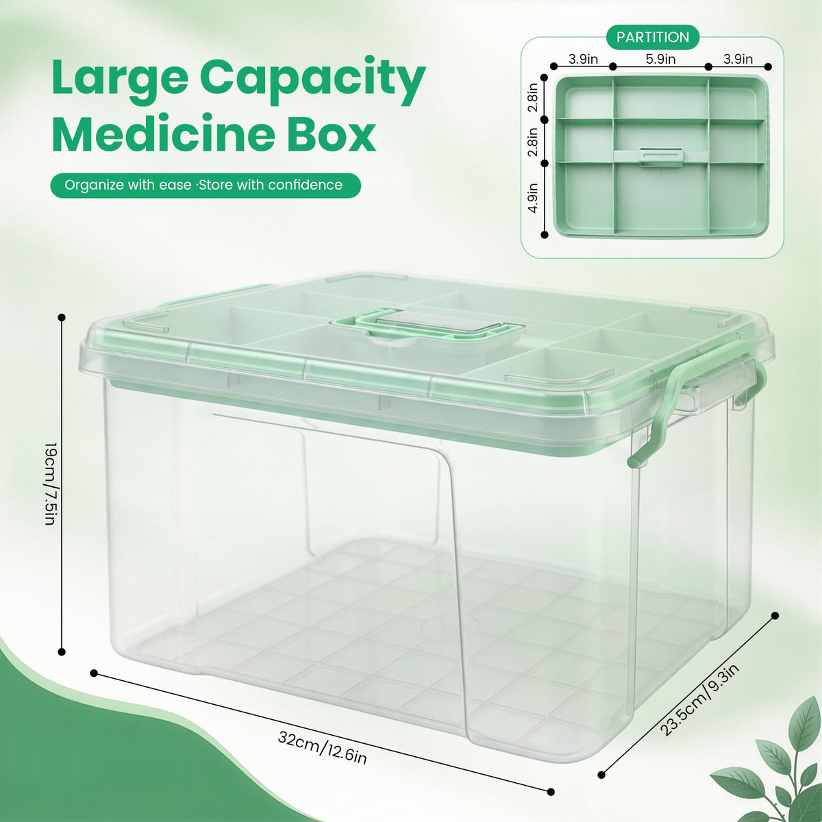 Nymblis Large Medicine Storage Box, 2-Layers Medication Box with Lid, Green