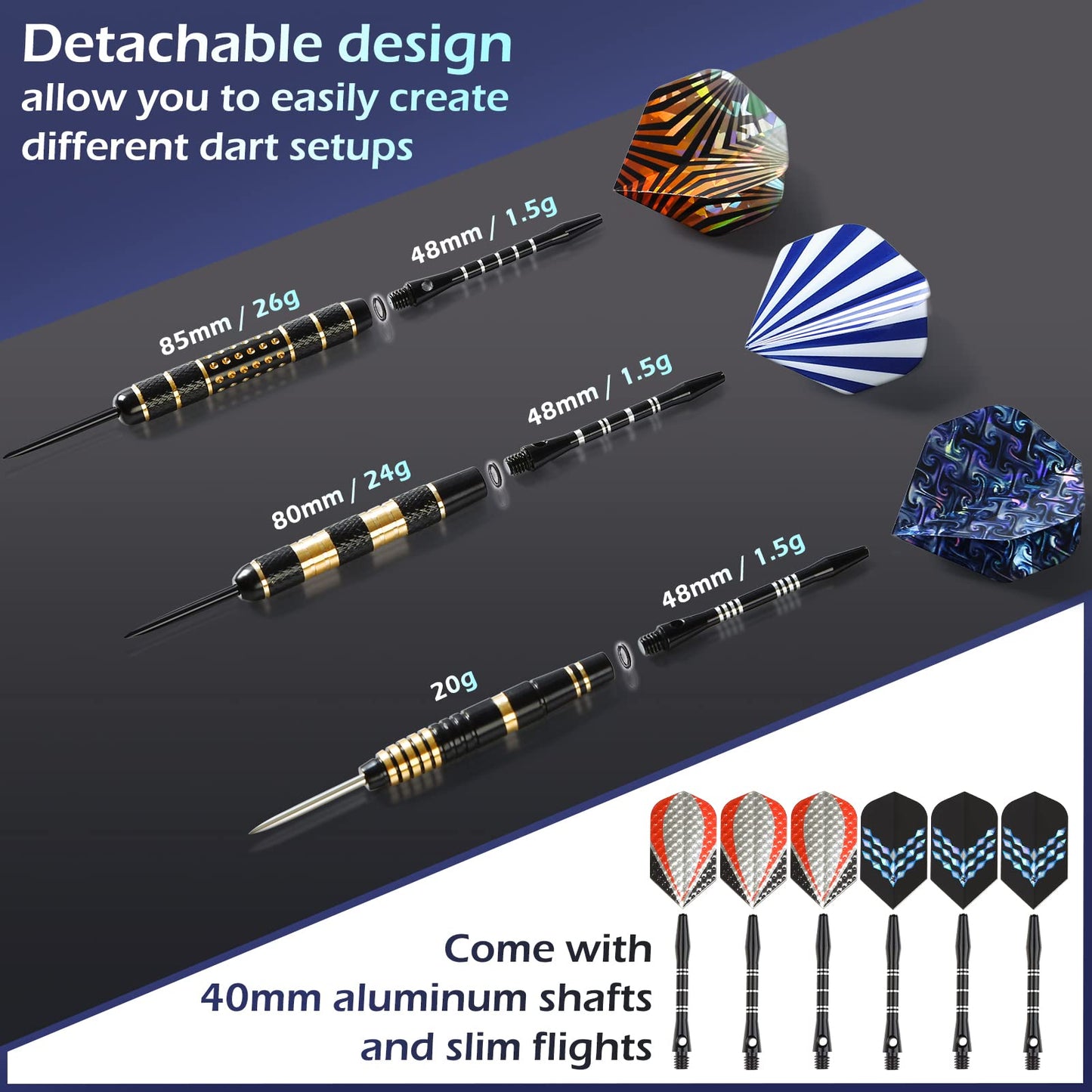 LANNEY Darts Metal Tip, Steel Tip Darts Set 20 Grams, 24 Grams and 26 Grams Professional Darts for Dartboard with Aluminum Shafts, Brass Barrels,