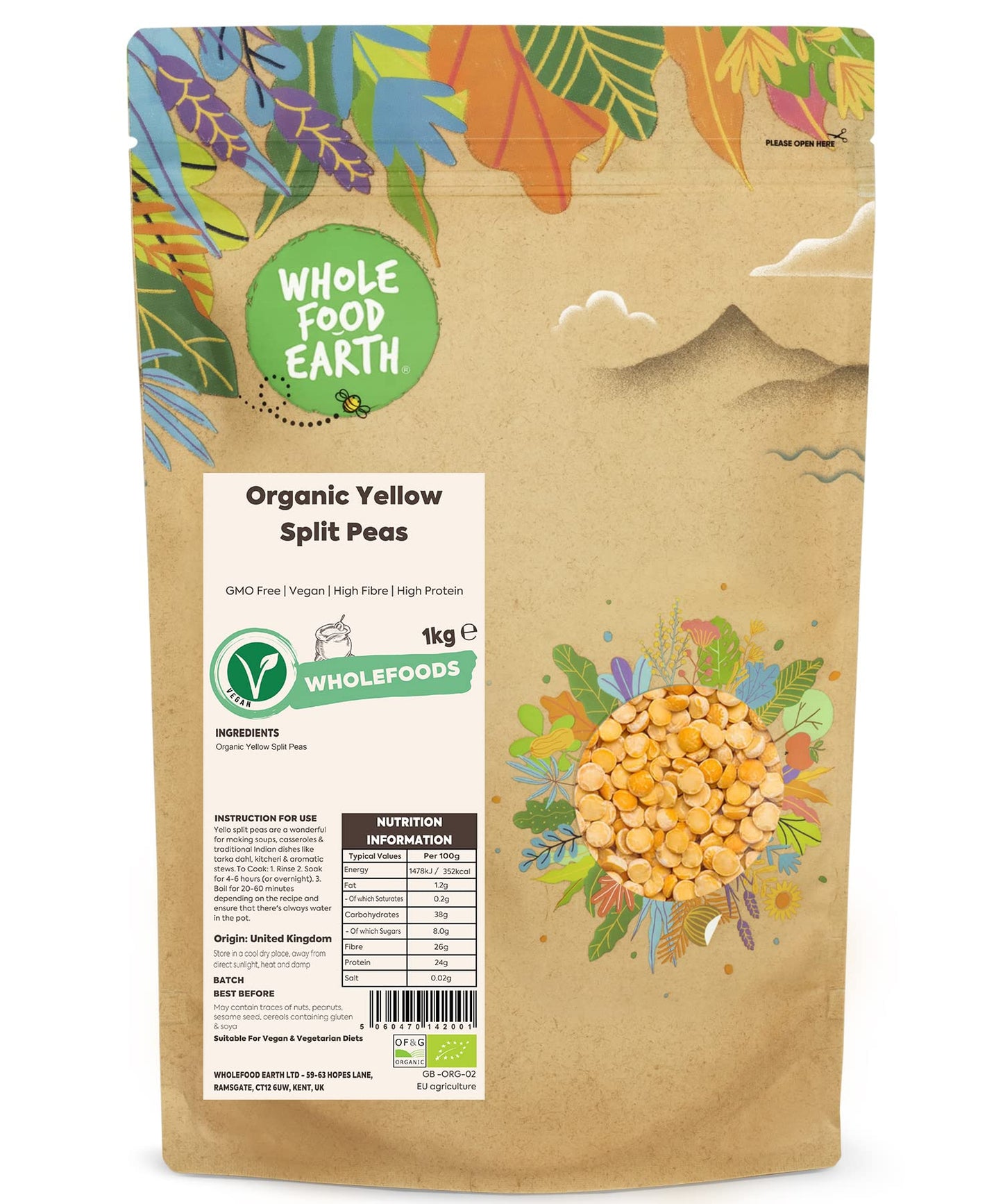 Wholefood Earth Organic Yellow Split Peas 1kg GMO Free | Vegan | High Fibre | High Protein | Certified Organic