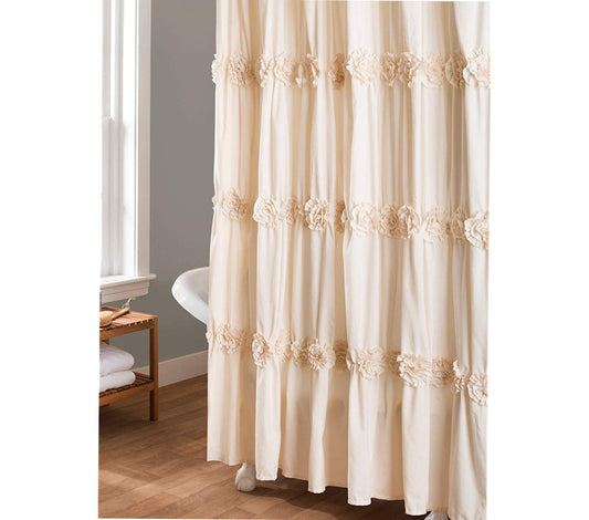 Lush Decor Darla Ruched Floral Bathroom Shower Curtain, 72” x 72”, Ivory