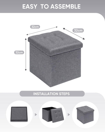 Bonlife Ottoman Storage Stool Cube - Small Footstool Seat,Grey 32x32x32cm