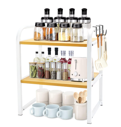 LEDSUUEI Storage Rack with Hooks, Desktop Storage Rack, Bamboo Frame, for Kitchens, Dining Rooms, Offices, Rustic Brown and white 001