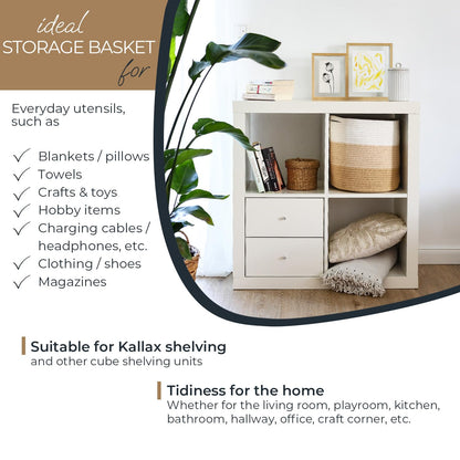 HMF Storage Basket with Hidden Handles, Round Basket Fits Kallax | 31 x 31 cm | White/Brown