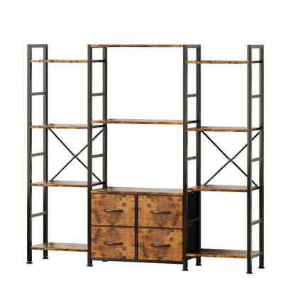 VERMESS 142W x142H cmTriple Book Shelf, 4 Tier Industrial Bookshelf for Home & Office, Large Shelving Unit with 4 Adjustable Fabric Drawers