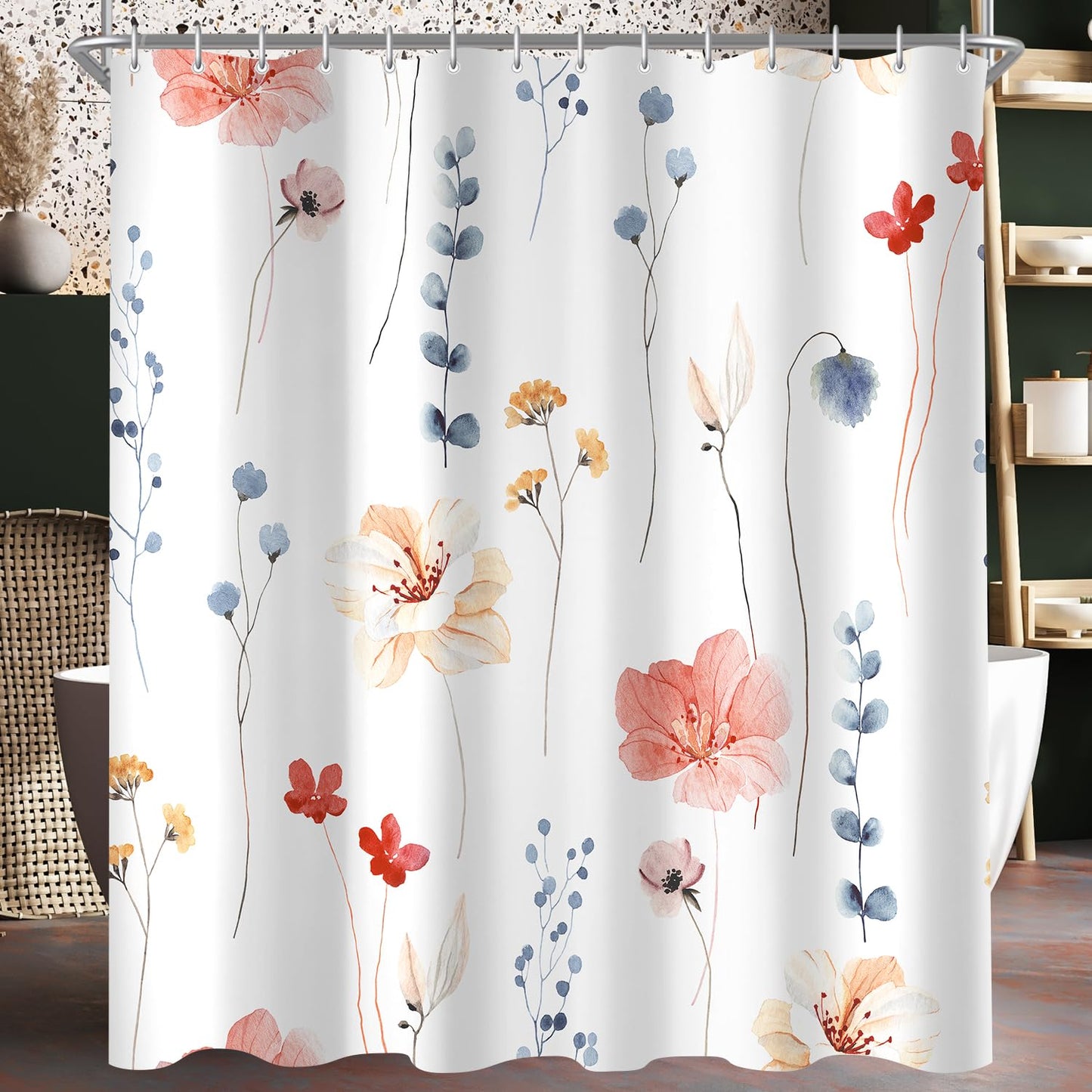 Lerores Shower Curtain, 180 x 160 cm, Coral Flower, Weighted Hem, Anti-Mould, Water-Repellent, Washable Polyester Bath Curtains with 12 Eyelets and