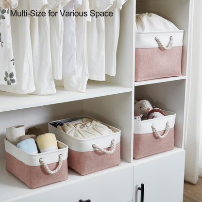 Mangata Soft Fabric Storage Boxes, Multi-Size, Rectangular Container Baskets for Shelf, Wardrobe, Toys and Clothes, 41x31x18 cm, Pink and White