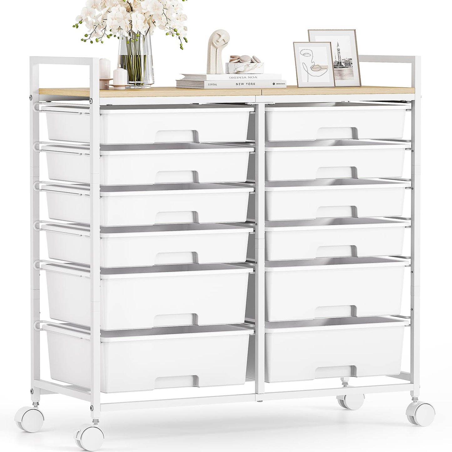 12-Drawer Craft Organizer Trolley Cart with Wooden Top, White