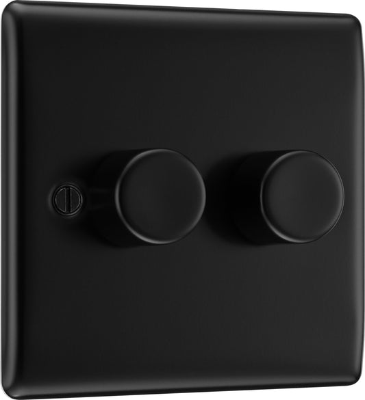 BG Electrical Intelligent Double Wall Dimmer Switch, 2 Way, Raised Profile, Round Edges, Nexus Metal, Matt Black, 200W, NFB82
