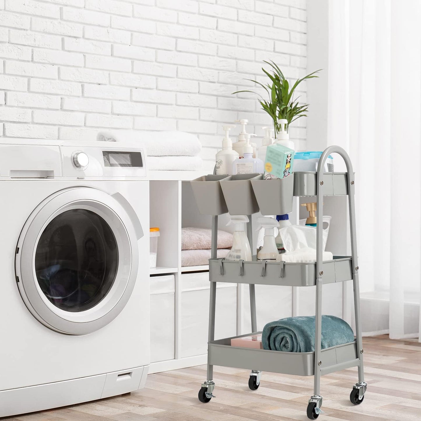 danpinera 3-Tier storage trolley, Metal storage cart with Lockable Wheels & Hanging Cups & Hooks, storage trolley on wheels for bathroom, kitchen