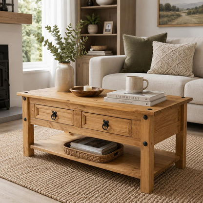 Corona Coffee Table 2 Drawer Mexican Solid Pine Wood Occasional