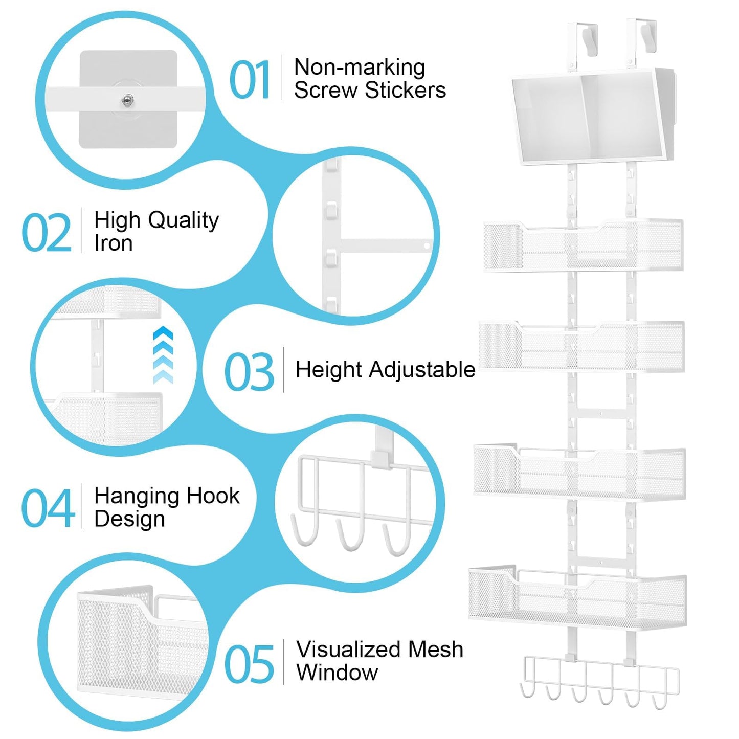 Hongtamoya Adjustable Over The Door Organizer, Hanging Door Storage with PVC Pocket and 4 Metal Baskets Wall Mount