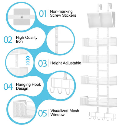 Hongtamoya Adjustable Over The Door Organizer, Hanging Door Storage with PVC Pocket and 4 Metal Baskets Wall Mount