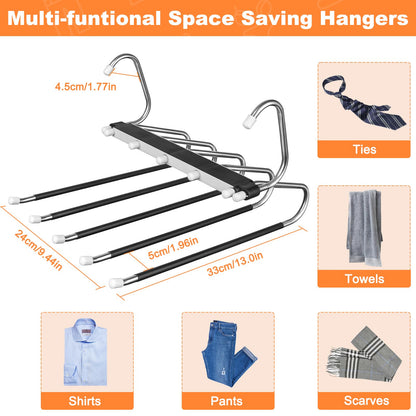 2 Pack Trouser Hangers Space Saving, 5-in-1 Trousers Hangers Non-Slip Clothes Hangers for Wardrobe