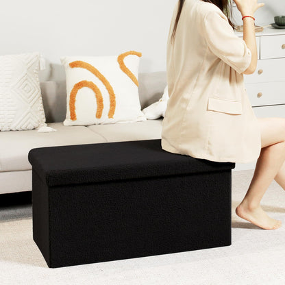 Bonlife Ottoman Bench,Large Toy Storage Box with Lid,Folding Footstool with Storage for Living Room,Hallway,Boucle Fabric,Black,80x40x40cm