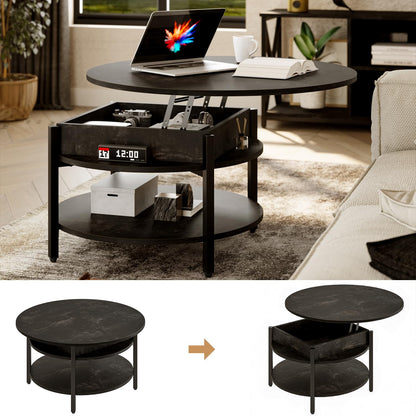 Mossora 68cm Black Oak Round Lift Top Coffee Table with Hidden Storage