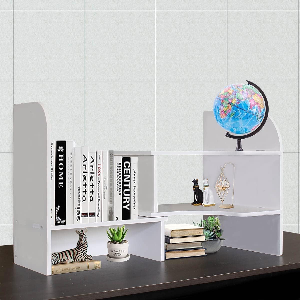 DoToGo Desk Shelf Organizer, Deskop Bookshelf for Small Space Adjustable Expendable for Office, Home, Kitchen (white-wanqu-wlk)