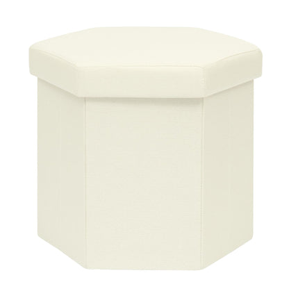 PINPLUS Folding Storage Ottoman, Linen Hexagonal Footrest, Cream White