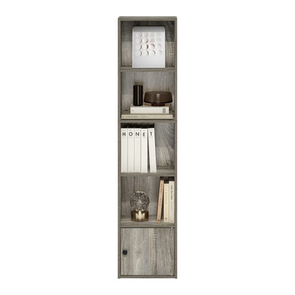 Furinno LUDER Book Shelf, 5-Tier Modern Bookshelf, Bookcase with 1 Door Storage Cabinet, 9.3 x 12 x 52, for Living Room, Bedroom, Home Office