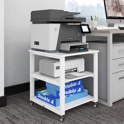 PUNCIA 3-Tier Laser Printer Stand with Storage 50x50x57.5cm Large Printer Table on Wheels Under Desk Storage Trolley Heavy Duty Rolling Cart Movable