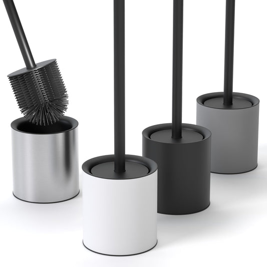 SAVEGA Silicone Toilet Brush White with Holder ? Discreet Stainless Steel Toilet Brush with Protective Lid ? Durable & Hygienic (White/Black, 1-Pack)