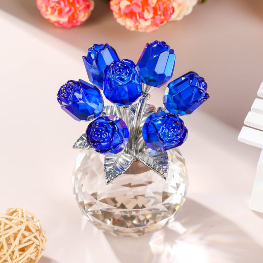 Crystal Blue Rose Bouquet Figurines Gifts for Her on Sapphire Anniversary, Romantic Presents for Women on Valentine's Day Mother's Day Birthday