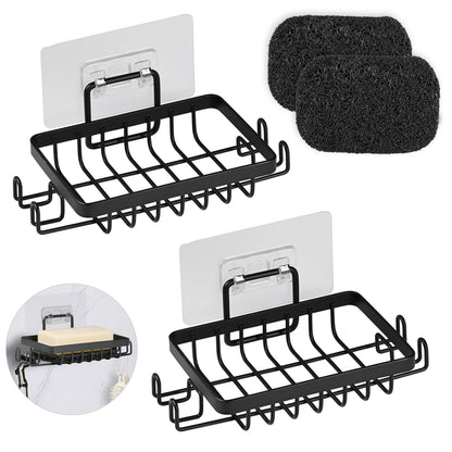 YoHyien 2 Pcs Stainless Steel Wall Mounted Soap Holder, Self Adhesive Soap Dishes with Hooks & Soap Saver, Shower Soap Holder for Bathroom, Kitchen