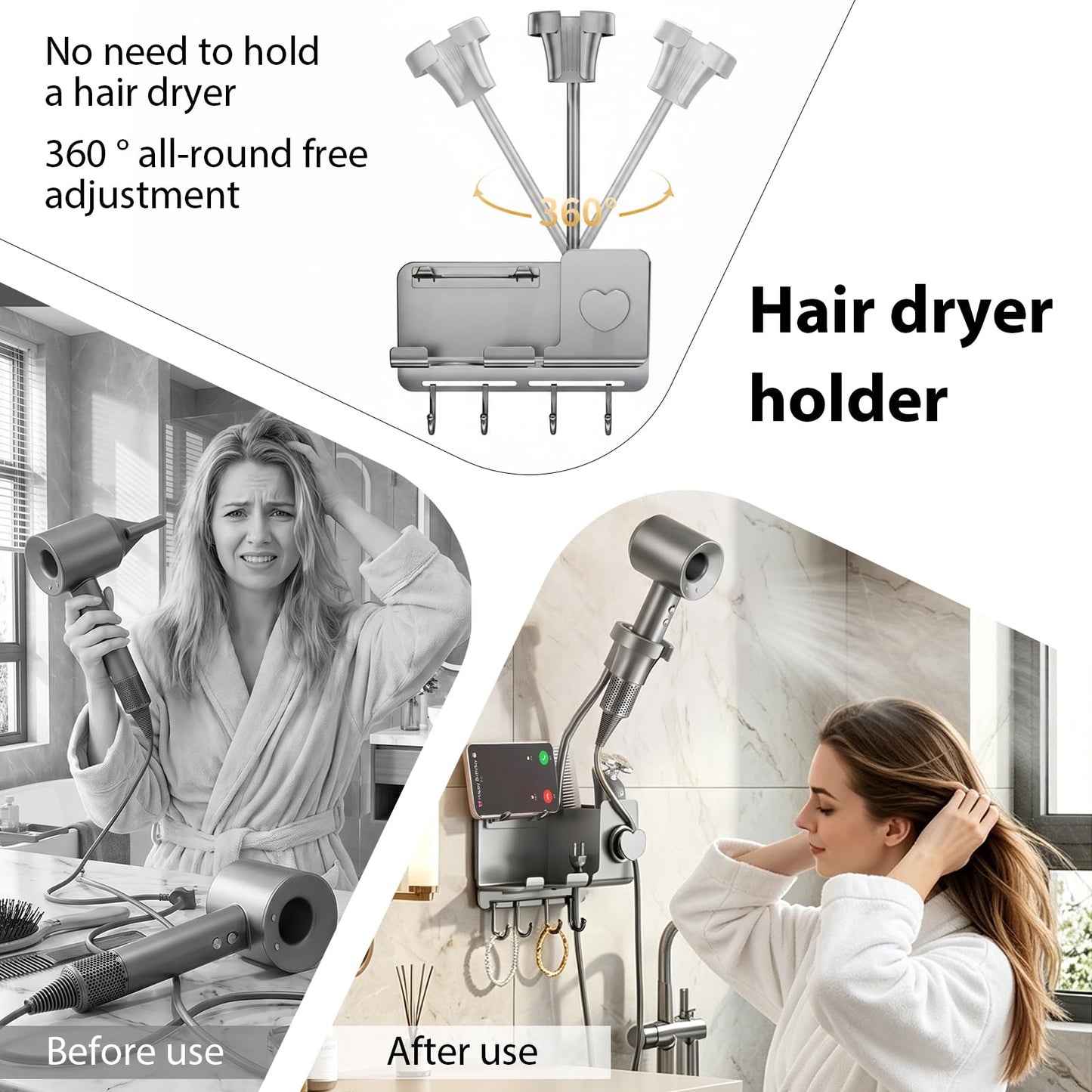 Ecloom Hair Dryer Holder No Drilling Required with 360 Deg Rotation