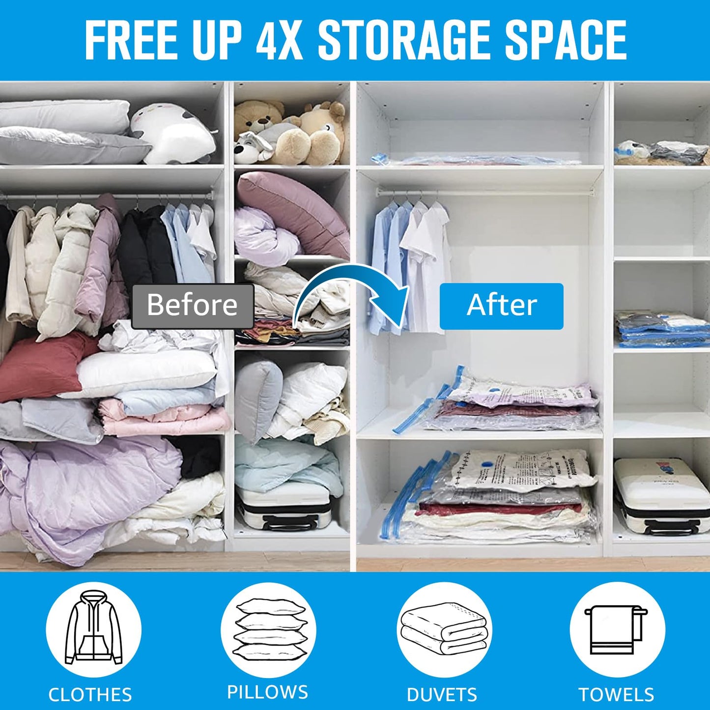BoxLegend Vacuum Storage Bags 6 Packs Space Saving Vacuum Pack Storage Bags 3 Large 80x60cm+3 Medium 70x50cm Double Zip Seal & Leak Valve Reusable
