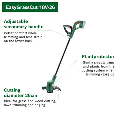 Bosch Cordless Grass Trimmer EasyGrassCut 18V-26 (Without Battery, 18 Volt System, Cutting Diameter: 26 cm, in Carton Packaging)