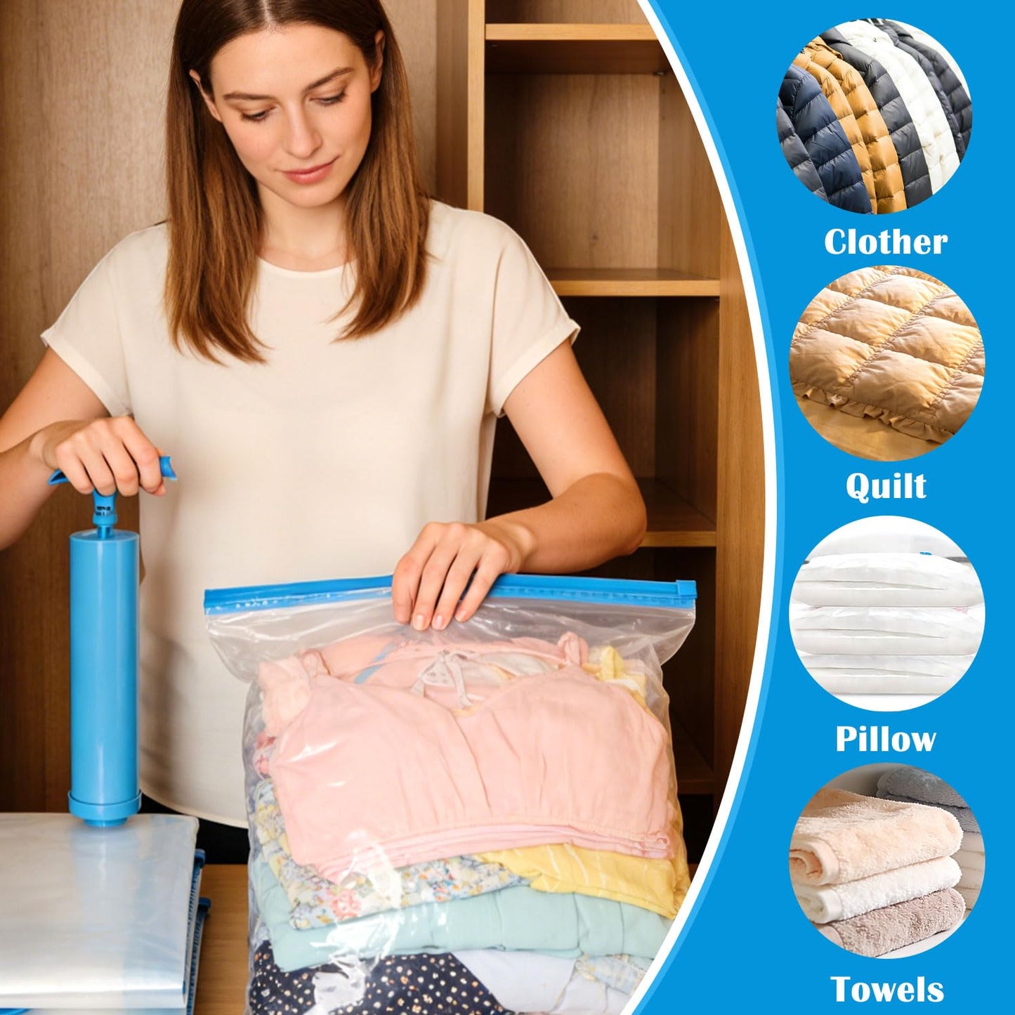 OWill Vacuum Storage Bags 6 Pack with Travel Hand Pump, Reusable Space Saver Bags for Clothes, Sweaters & Blankets, 3 Mixed Sizes