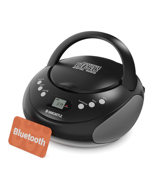 Portable Bluetooth CD Boombox with FM radio | CD, CD-R, CD-RW | 30 Presets | Easy Controls, LED Display, Headphone Jack | OAKCASTLE CD250 (Black)