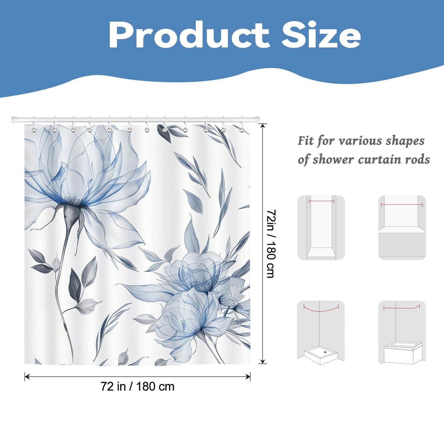 Hopomoon Blue and Grey Boho Watercolor Floral Shower Curtain, Ink Painting Style Waterproof Polyester Bath Curtain with 12 Hooks,Spring Summer