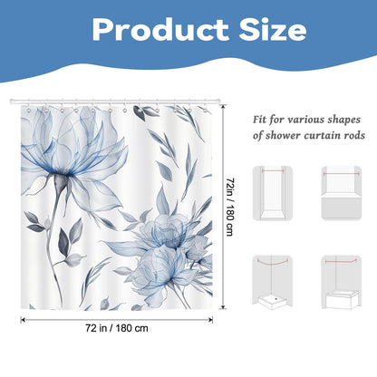 Hopomoon Blue and Grey Boho Watercolor Floral Shower Curtain, Ink Painting Style Waterproof Polyester Bath Curtain with 12 Hooks,Spring Summer