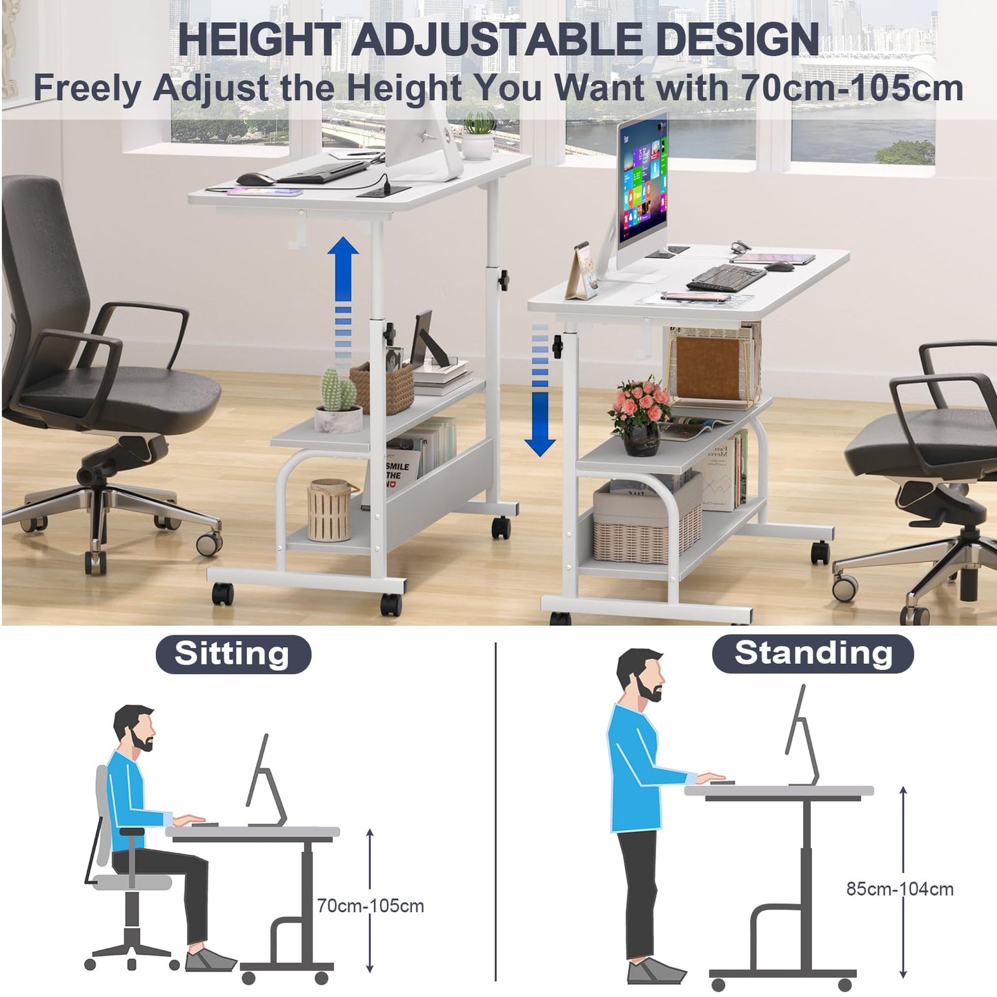 iSunirm Mobile Standing Desk with Integrated UK Power Outlets & USB Ports, Height Adjustable